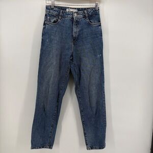 ZARA High Waisted Straight Leg Jeans Medium Wash Denim Women Size 4 Distressed